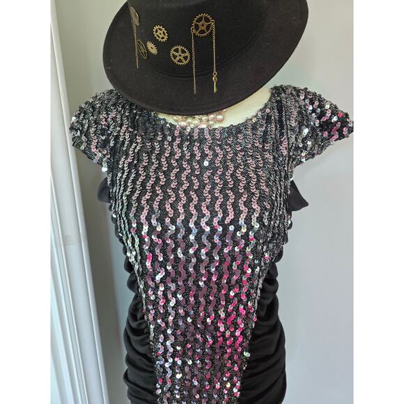 Vintage Climax Dress David Howard Sequin Bodycon ruched side flutter sleeves - Picture 8 of 9